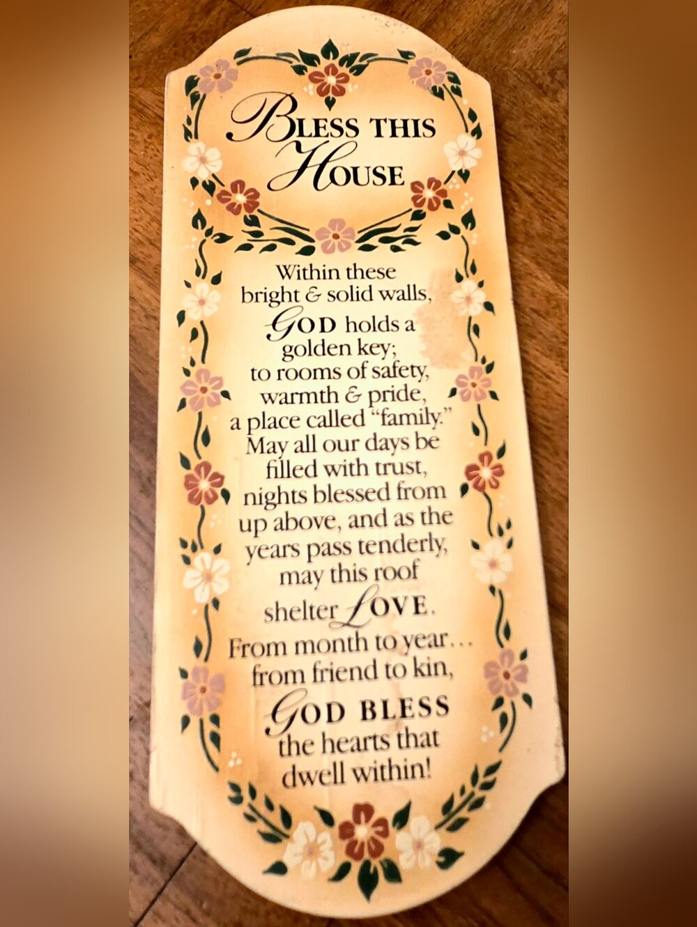 Vintage Bless This House Christian Floral Wall Plaque Religious Cottage Decor